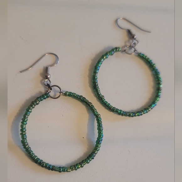 Emerald Green Iridescent Beaded Hoop Earrings - Picture 7 of 11